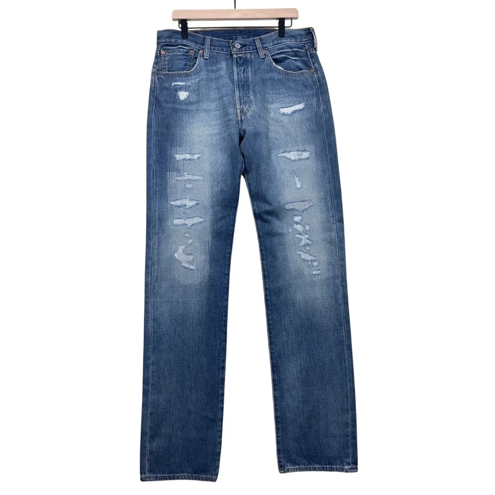 Levis 501 150th Anniversary Mens Distressed Straight Leg Jeans Blue W34 L38